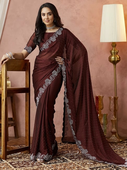 Satrani Brown Georgette Embellished Saree With Unstitched Blouse-picture-39