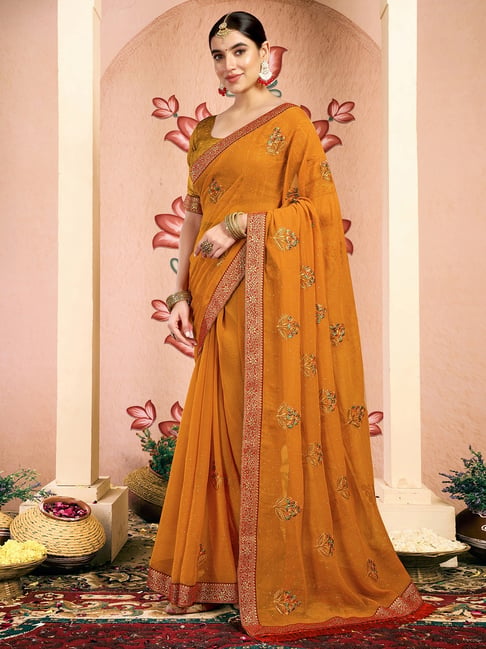 Satrani Yellow Georgette Embroidered Saree With Unstitched Blouse-picture-39