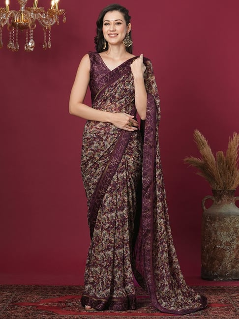 Satrani Brown Georgette Floral Saree With Unstitched Blouse-picture-10