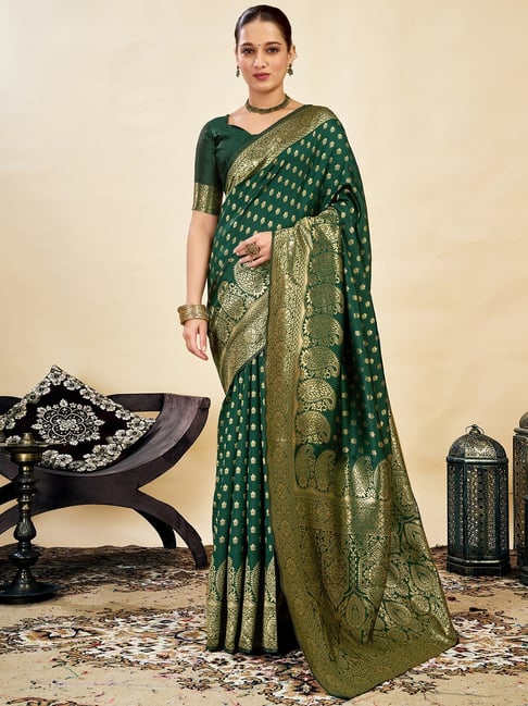 Satrani Green Silk Blend Woven Saree With Unstitched Blouse-picture-26
