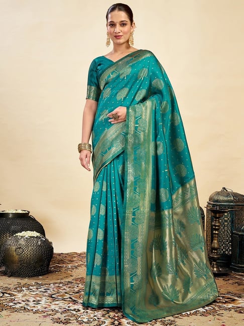 Satrani Green Silk Blend Woven Saree With Unstitched Blouse-picture-21