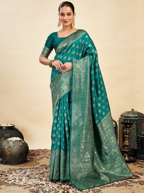 Satrani Green Silk Blend Woven Saree With Unstitched Blouse-picture-14