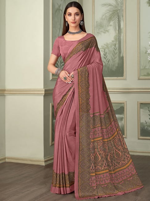 Satrani Pink Silk Crepe Printed Saree With Unstitched Blouse-picture-42