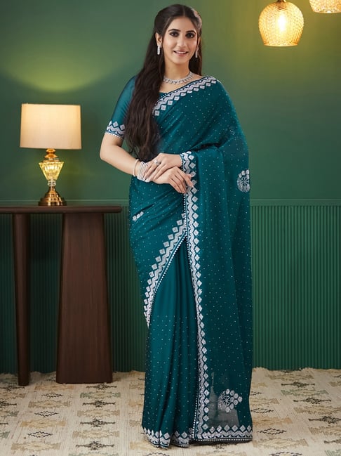 Satrani Blue Georgette Embellished Saree With Unstitched Blouse-picture-29