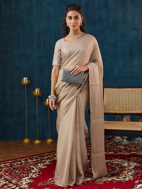Satrani Beige Georgette Solid Saree With Unstitched Blouse-picture-32