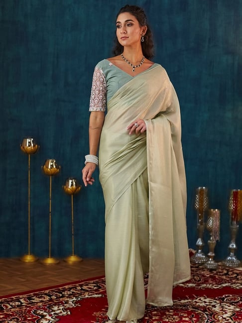 Satrani Green Georgette Solid Saree With Unstitched Blouse-picture-40
