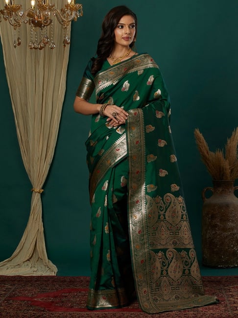 Satrani Green Silk Blend Woven Saree With Unstitched Blouse-picture-16