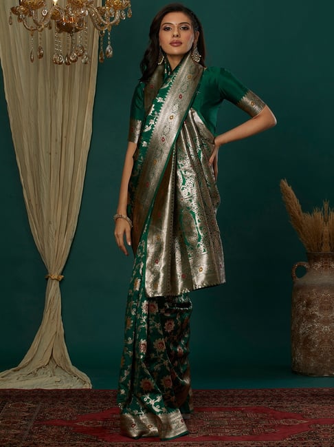 Satrani Green Silk Blend Woven Saree With Unstitched Blouse-picture-23