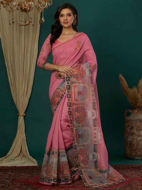 Satrani Pink Cotton Blend Printed Saree With Unstitched Blouse-picture-21