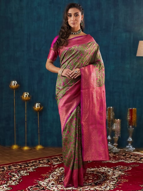 Satrani Green Silk Blend Woven Saree With Unstitched Blouse-picture-15