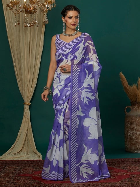 Satrani Blue Cotton Blend Floral Saree With Unstitched Blouse-picture-39