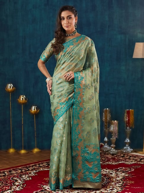 Satrani Green Organza Woven Saree With Unstitched Blouse-picture-31