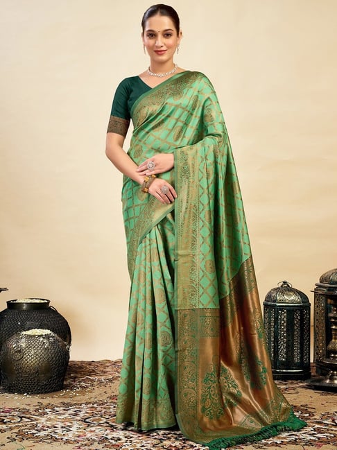 Satrani Green Silk Blend Woven Saree With Unstitched Blouse-picture-29