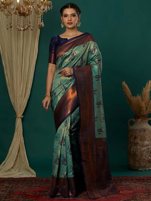 Satrani Green Silk Blend Woven Saree With Unstitched Blouse-picture-31