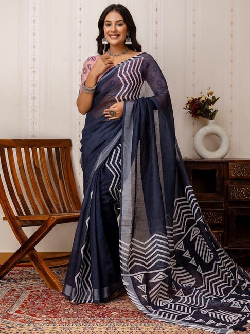 Satrani Navy Blue Cotton Blend Printed Saree With Unstitched Blouse-picture-42