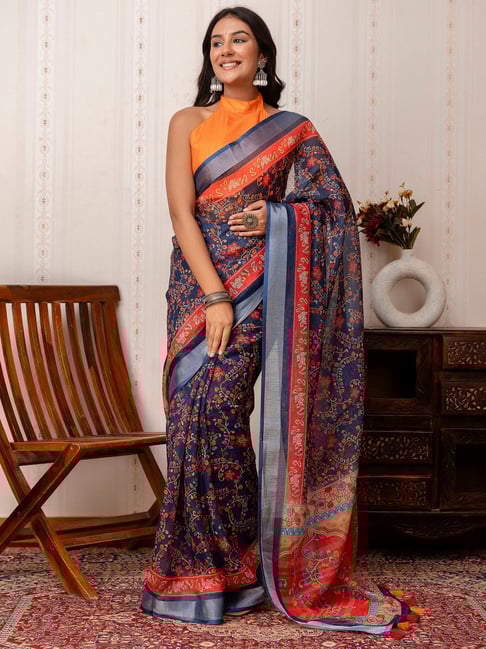 Satrani Navy Cotton Blend Floral Saree With Unstitched Blouse-picture-22