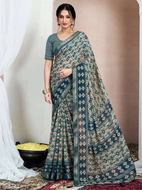 Satrani Blue Chiffon Printed Saree With Unstitched Blouse-picture-36