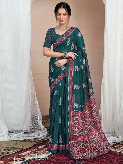 Satrani Green Cotton Blend Printed Saree With Unstitched Blouse-picture-20