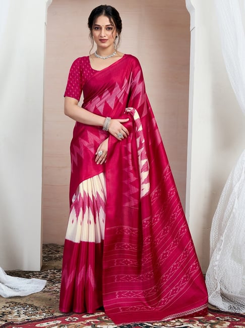 Satrani Pink Silk Blend Printed Saree With Unstitched Blouse-picture-29