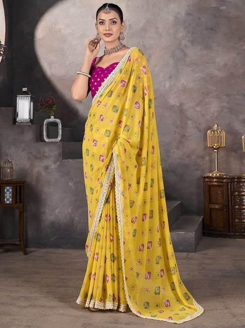 Satrani Yellow Georgette Embroidered Saree With Unstitched Blouse-picture-20