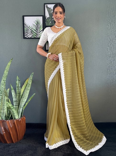 Satrani Brown Chiffon Striped Saree With Unstitched Blouse-picture-46