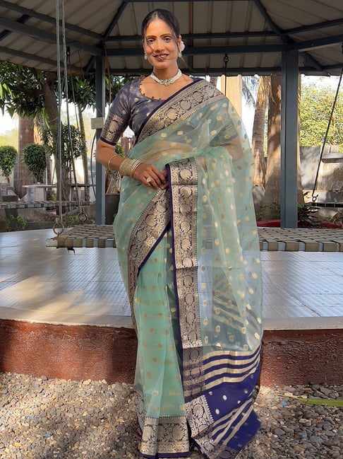 Satrani Green Silk Blend Woven Saree With Unstitched Blouse-picture-16