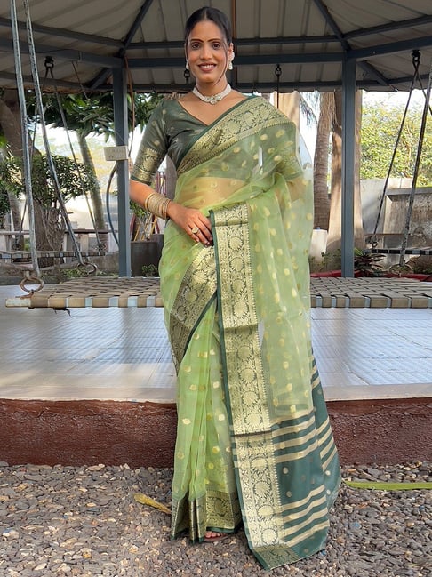 Satrani Green Silk Blend Woven Saree With Unstitched Blouse-picture-25