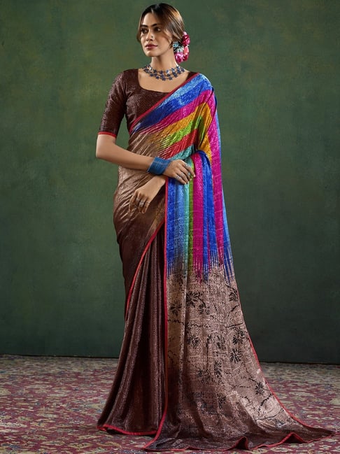 Satrani Brown Silk Crepe Printed Saree With Unstitched Blouse-picture-19