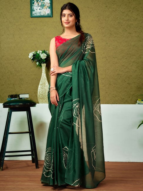 Satrani Green Chanderi Cotton Printed Saree With Unstitched Blouse-picture-16