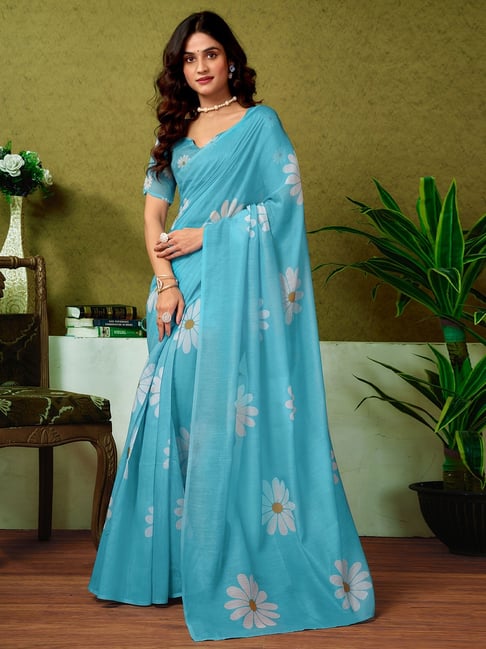 Satrani Blue Chanderi Cotton Printed Saree With Unstitched Blouse-picture-30