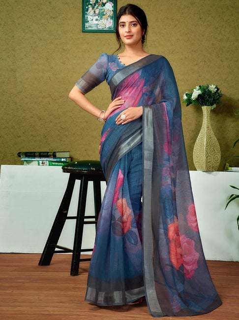 Satrani Blue Linen Printed Saree With Unstitched Blouse-picture-42