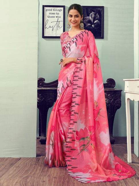 Satrani Pink Silk Blend Floral Saree With Unstitched Blouse-picture-48