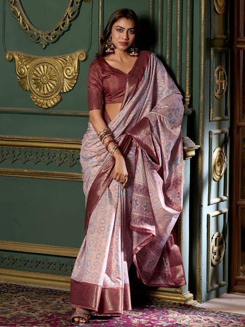 Satrani Pink Silk Printed Saree With Unstitched Blouse-picture-26