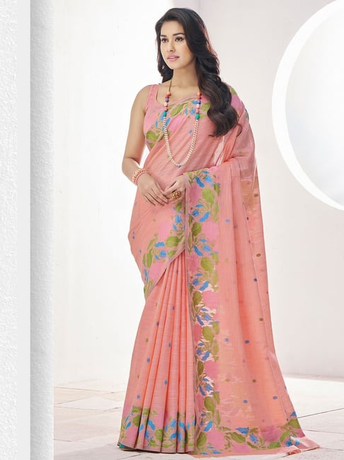Satrani Pink Silk Woven Saree With Unstitched Blouse-picture-14