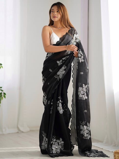 Satrani Black Chiffon Embroidered Saree With Unstitched Blouse-picture-18