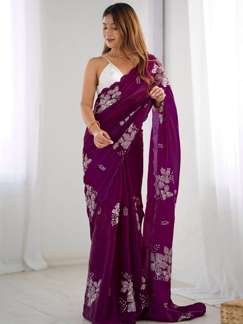 Satrani Purple Chiffon Embroidered Saree With Unstitched Blouse-picture-29