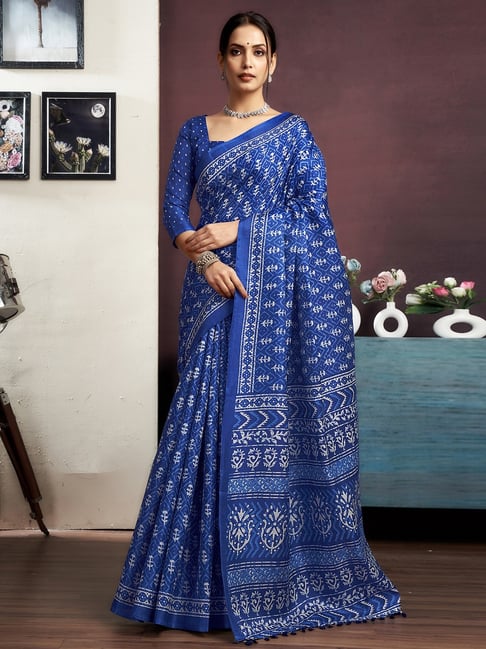 Satrani Blue Cotton Blend Printed Saree With Unstitched Blouse-picture-37