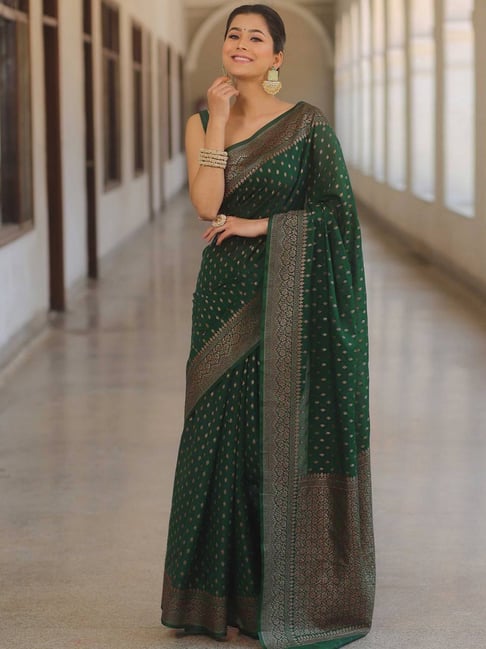 Satrani Green Silk Woven Saree With Unstitched Blouse-picture-10
