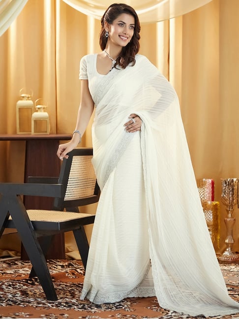 Satrani White Chiffon Embroidered Saree With Unstitched Blouse-picture-41