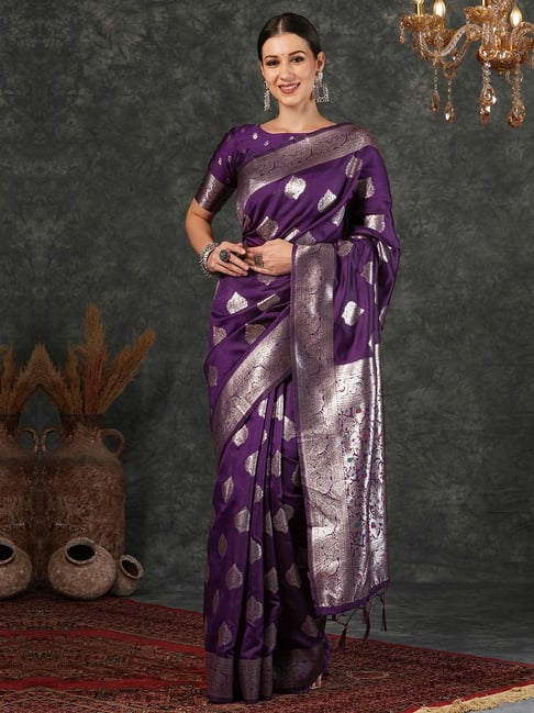Satrani Purple Silk Woven Saree With Unstitched Blouse-picture-10
