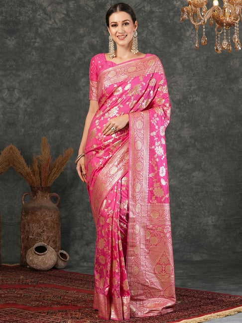 Satrani Pink Silk Woven Saree With Unstitched Blouse-picture-34