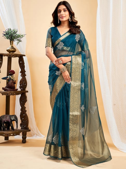 Satrani Blue Organza Embroidered Saree With Unstitched Blouse-picture-19