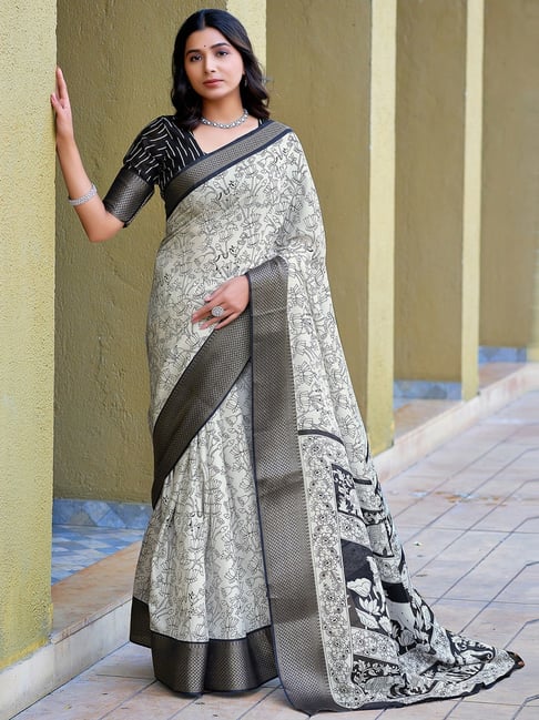 Satrani White Cotton Blend Printed Saree With Unstitched Blouse-picture-21