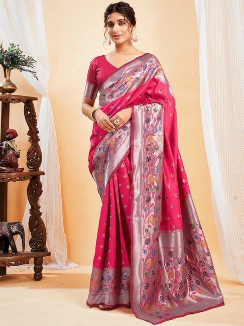 Satrani Pink Silk Woven Saree With Unstitched Blouse-picture-17