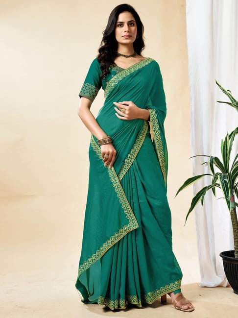 Satrani Green Art Silk Embroidered Saree With Unstitched Blouse-picture-32
