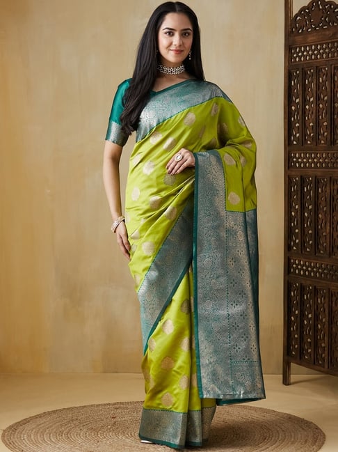 Satrani Green Silk Blend Woven Saree With Unstitched Blouse-picture-18