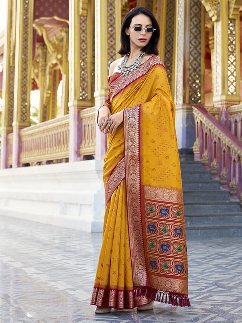 Satrani Yellow Silk Woven Saree With Unstitched Blouse-picture-27