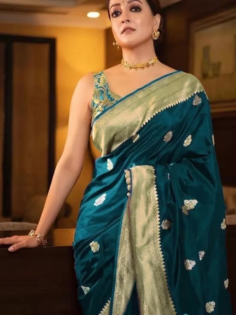Satrani Blue Silk Woven Saree With Unstitched Blouse-picture-14