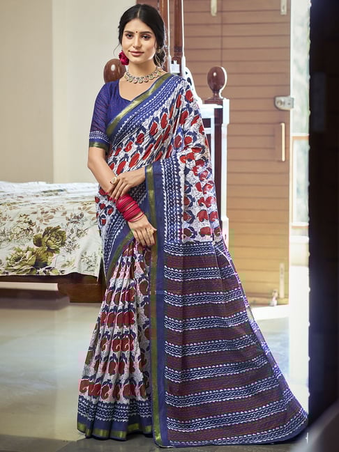 Satrani Navy Blue Pure Cotton Printed Saree With Unstitched Blouse-picture-33