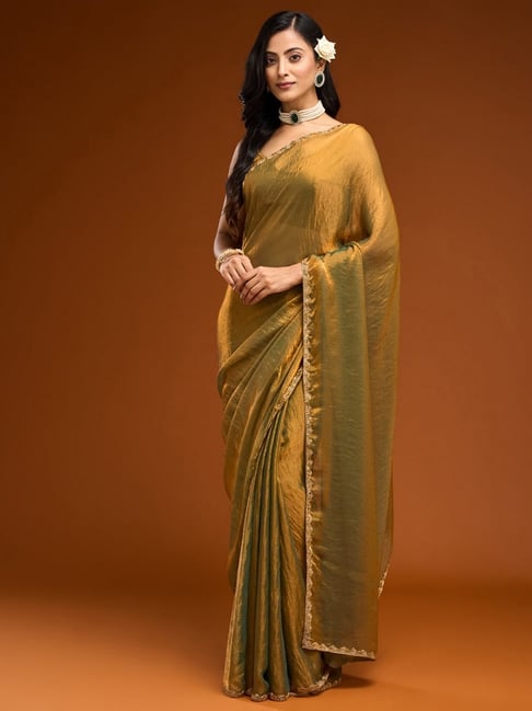 Satrani Gold Chiffon Solid Saree With Unstitched Blouse-picture-22
